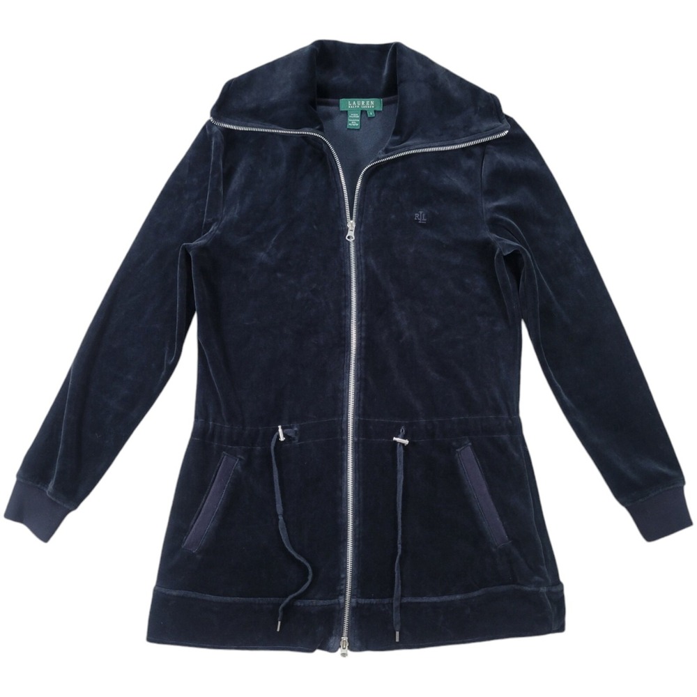 LRL Ralph Lauren Long Jacket Womens S Black Velour Full Zip Y2K Drawstring Waist